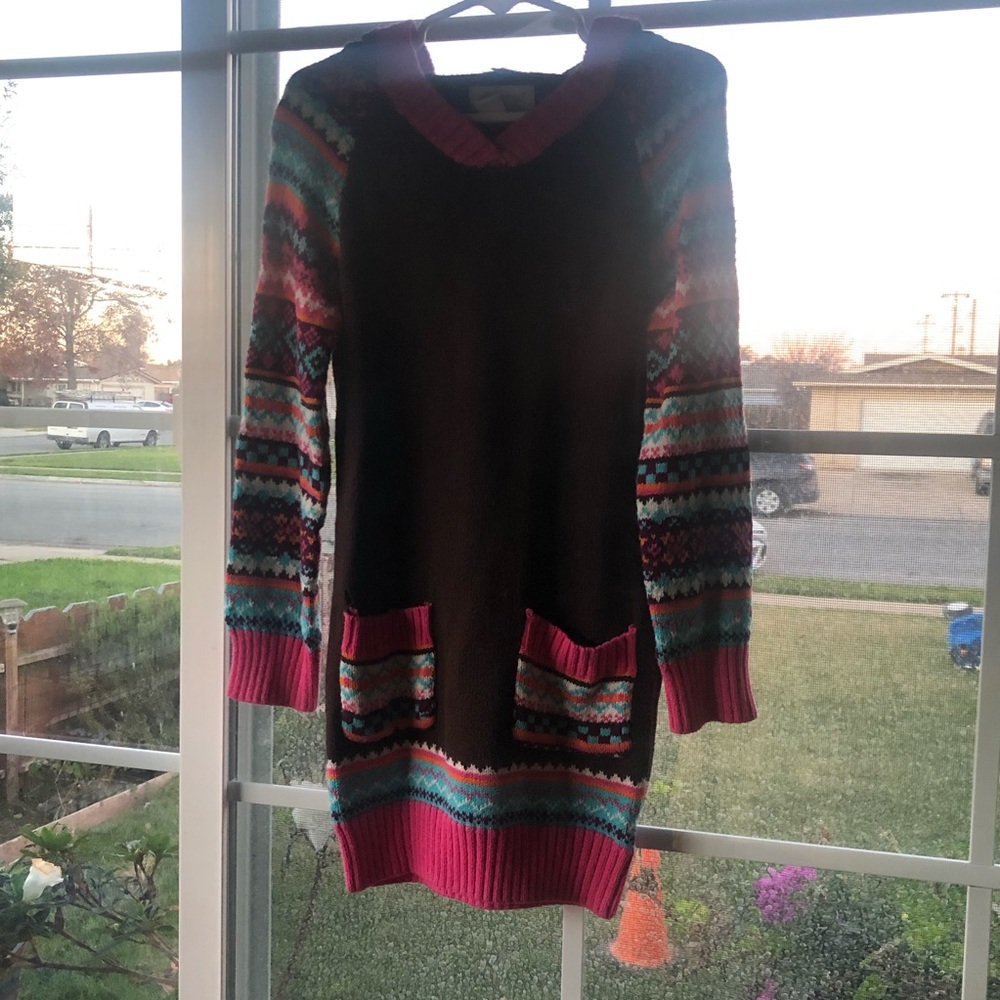 Long sleeve hooded brown colorful sweater dress
